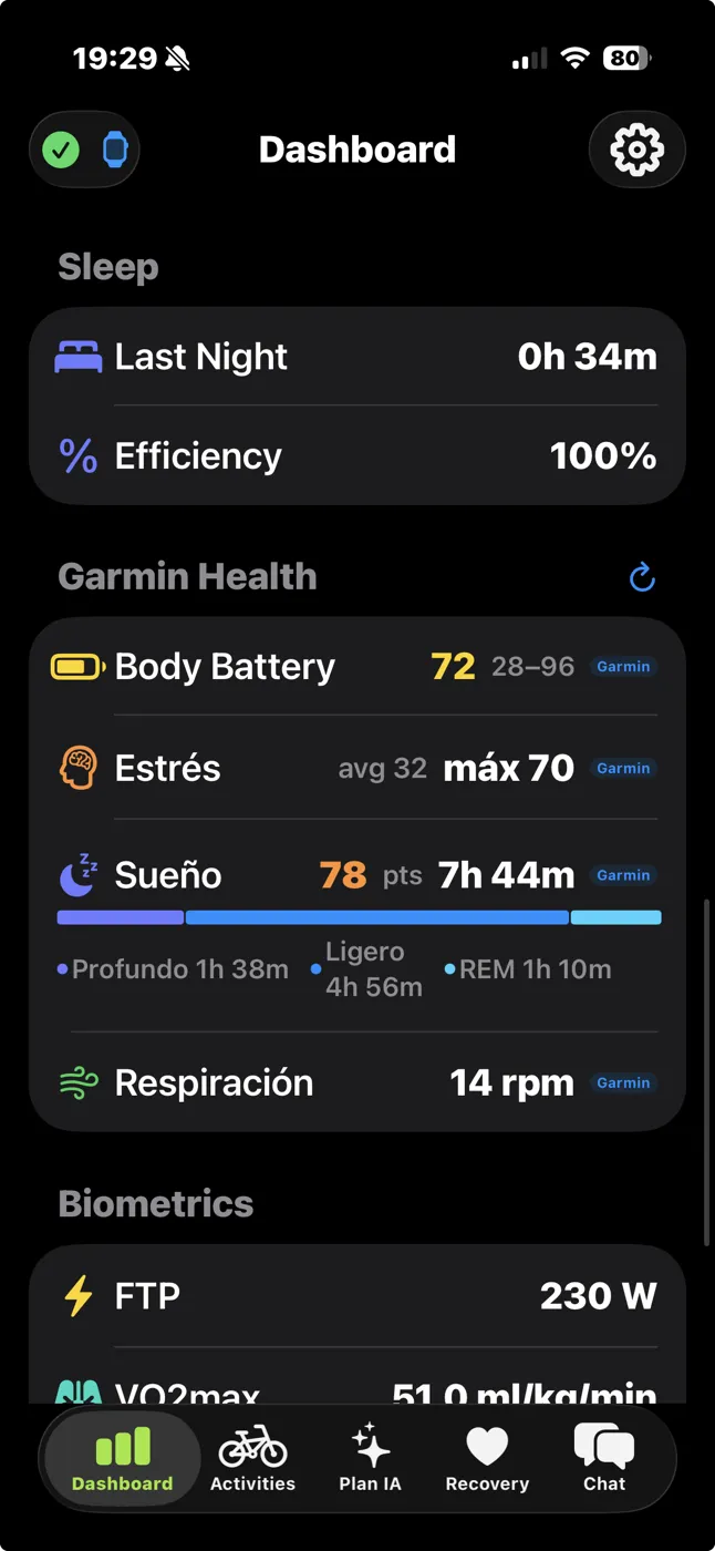 Garmin Health section showing Body Battery, Stress, Sleep phases and Respiration
