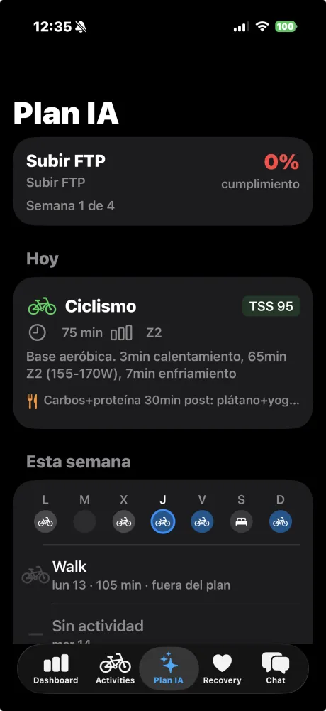 AI Training Plan with weekly view, sessions, and compliance tracking