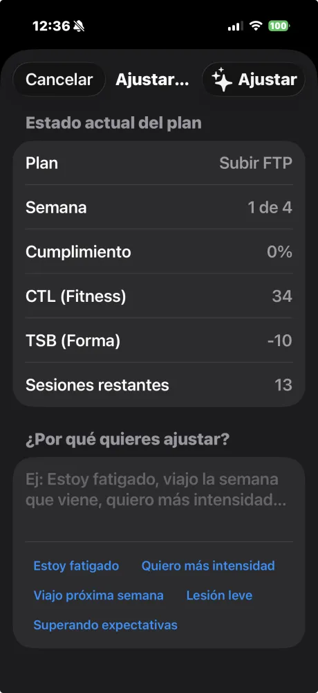 Adjust plan with AI showing current fitness, TSB, compliance, quick reason suggestions