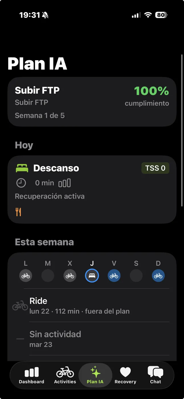 AI Training Plan with weekly calendar, color-coded sessions, activities outside plan in orange