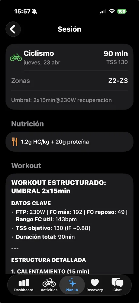 Structured workout with warmup, threshold intervals at exact watts, cooldown and nutrition